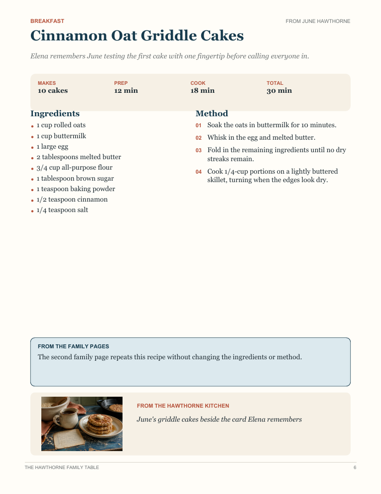 Typeset recipe page for cinnamon oat griddle cakes
