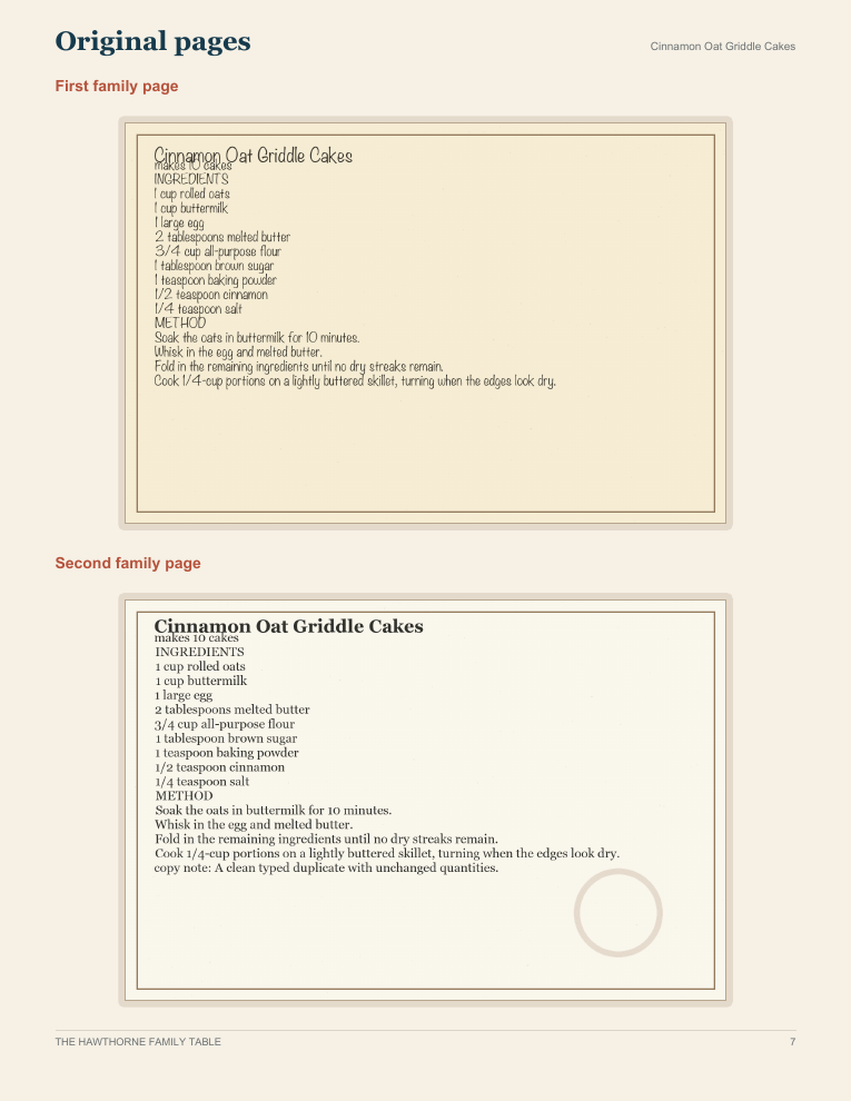 Synthetic handwritten recipe pages photographed with all edges and writing visible
